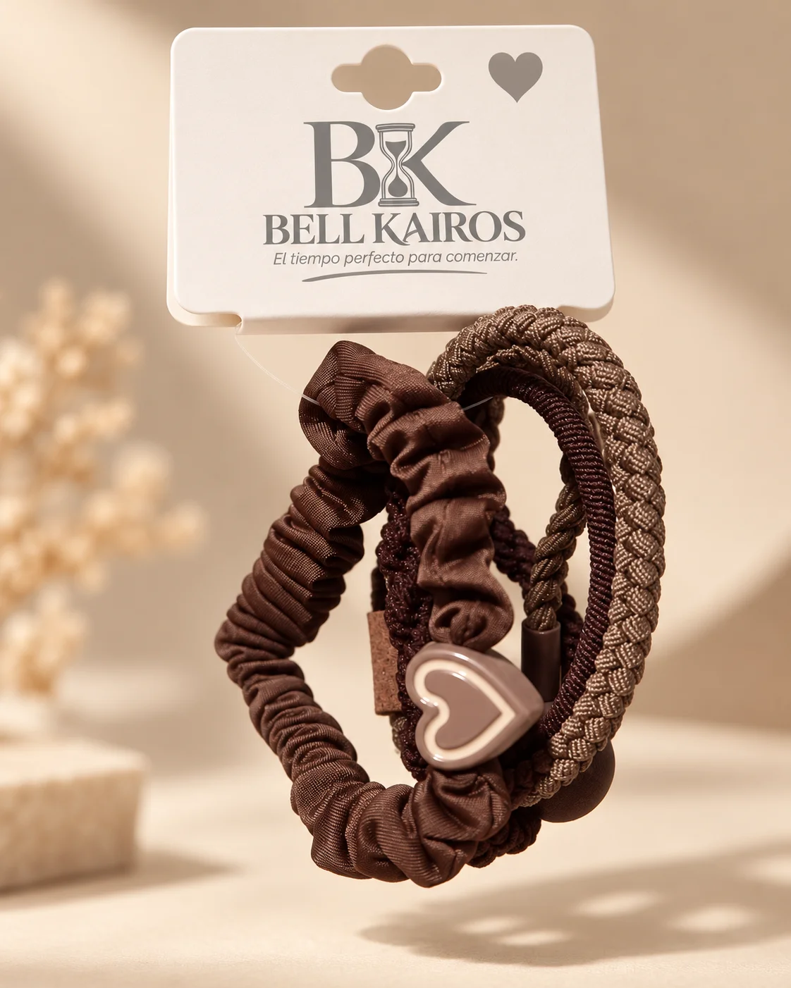 Accesorios para Cabello en Tonos Café con Corazón