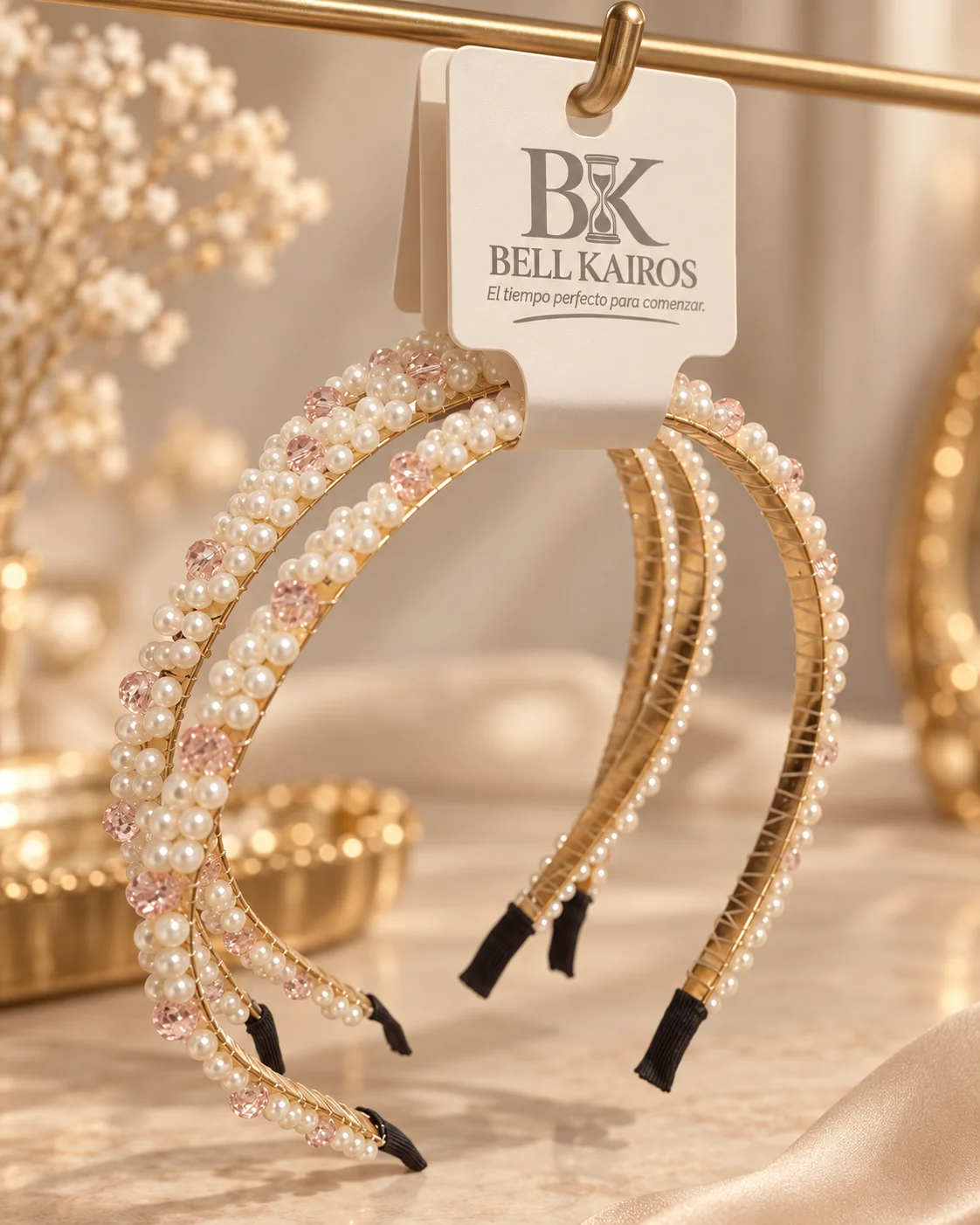 Vincha Elegante con Perlas y Cristales Rosados